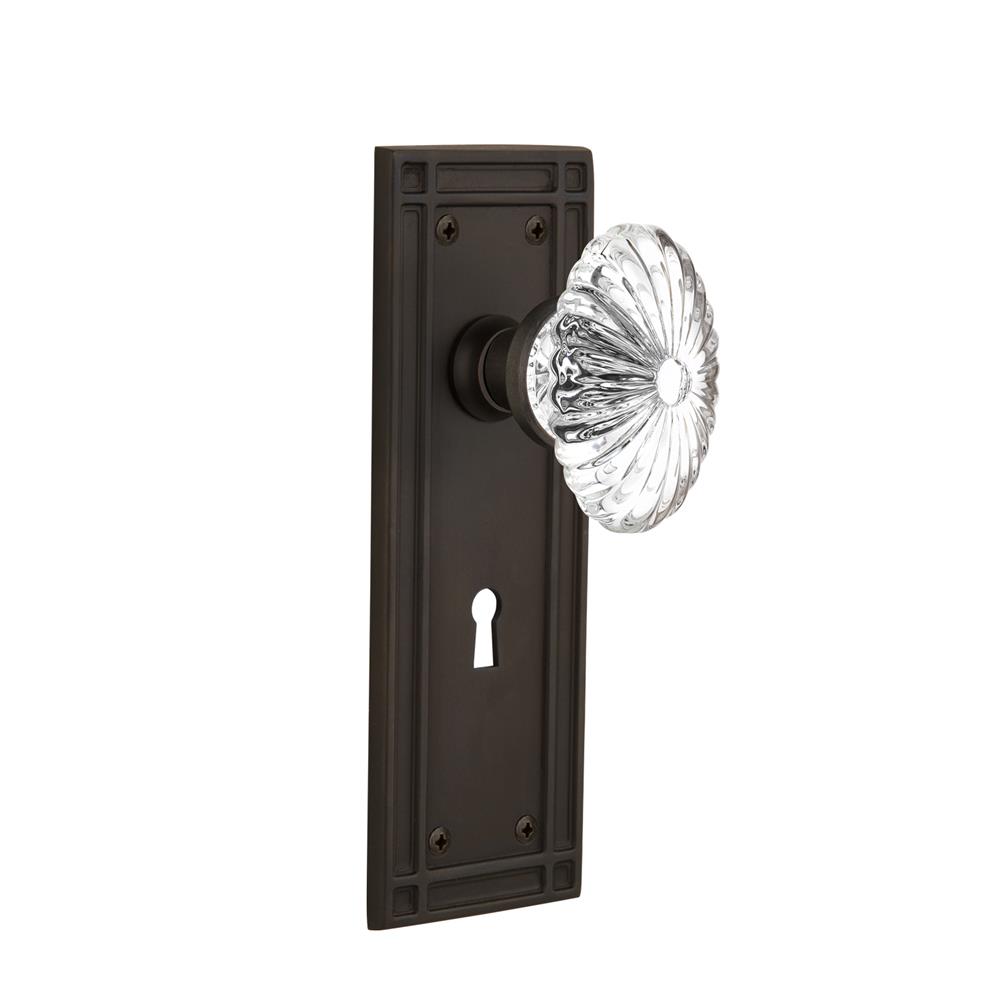 Nostalgic Warehouse 718533  Mission Plate with Keyhole Privacy Oval Fluted Crystal Glass Door Knob in Oil-Rubbed Bronze